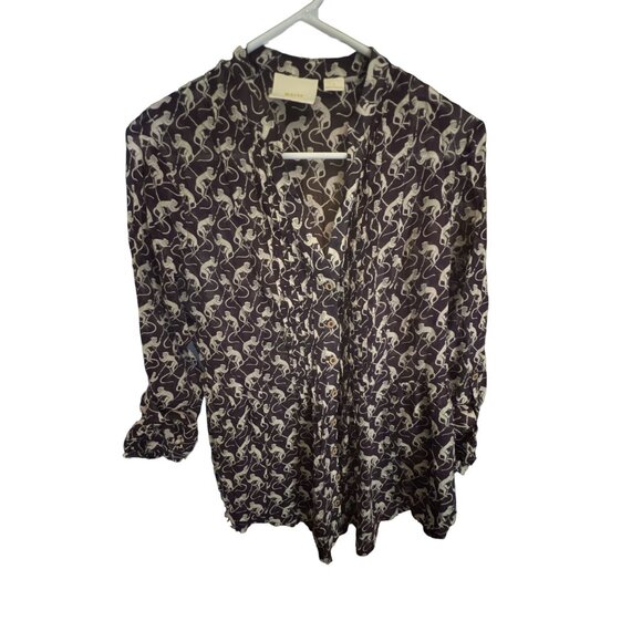 Maeve Blouse Monkey Print Size 4 Cotton Purple Multi Button Down Roll Tab Sleeve - Picture 1 of 4